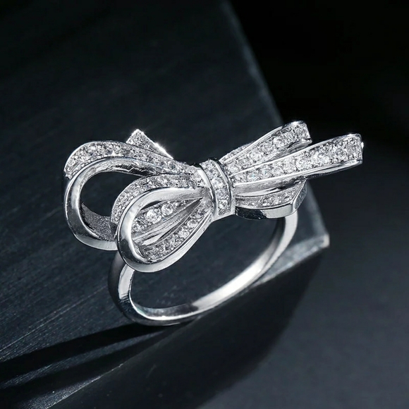 NEW BOW KNOT PLATINUM PLATED CUBIC ZIRCONIA RING - Picture 3 of 5
